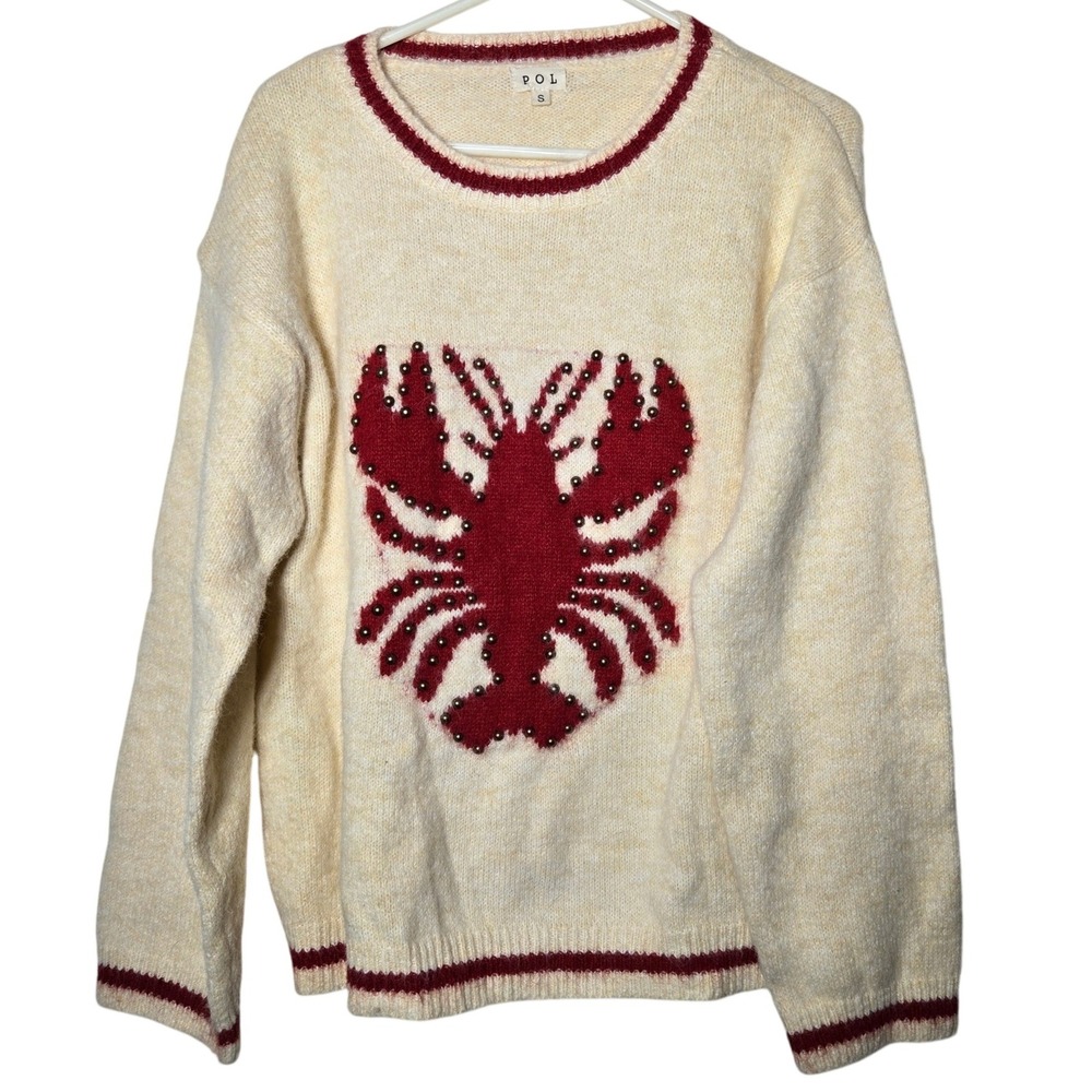 POL Womens Lobster‎ Studded Sweater Small Nautical Whimsical Novelty Eclectic - Picture 2 of 10